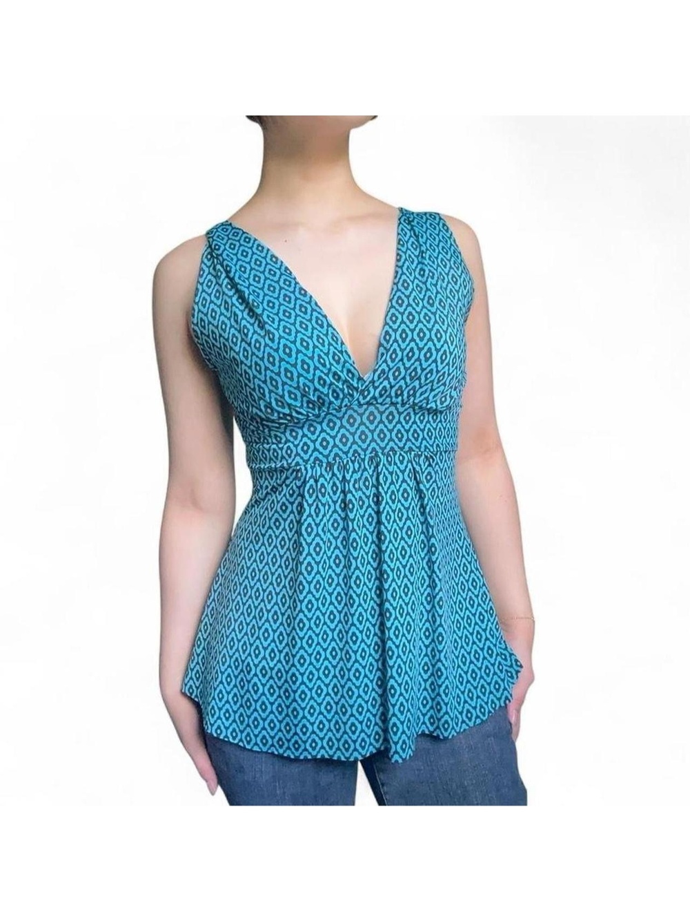 teal diamond pattern low-cut sleeveless top